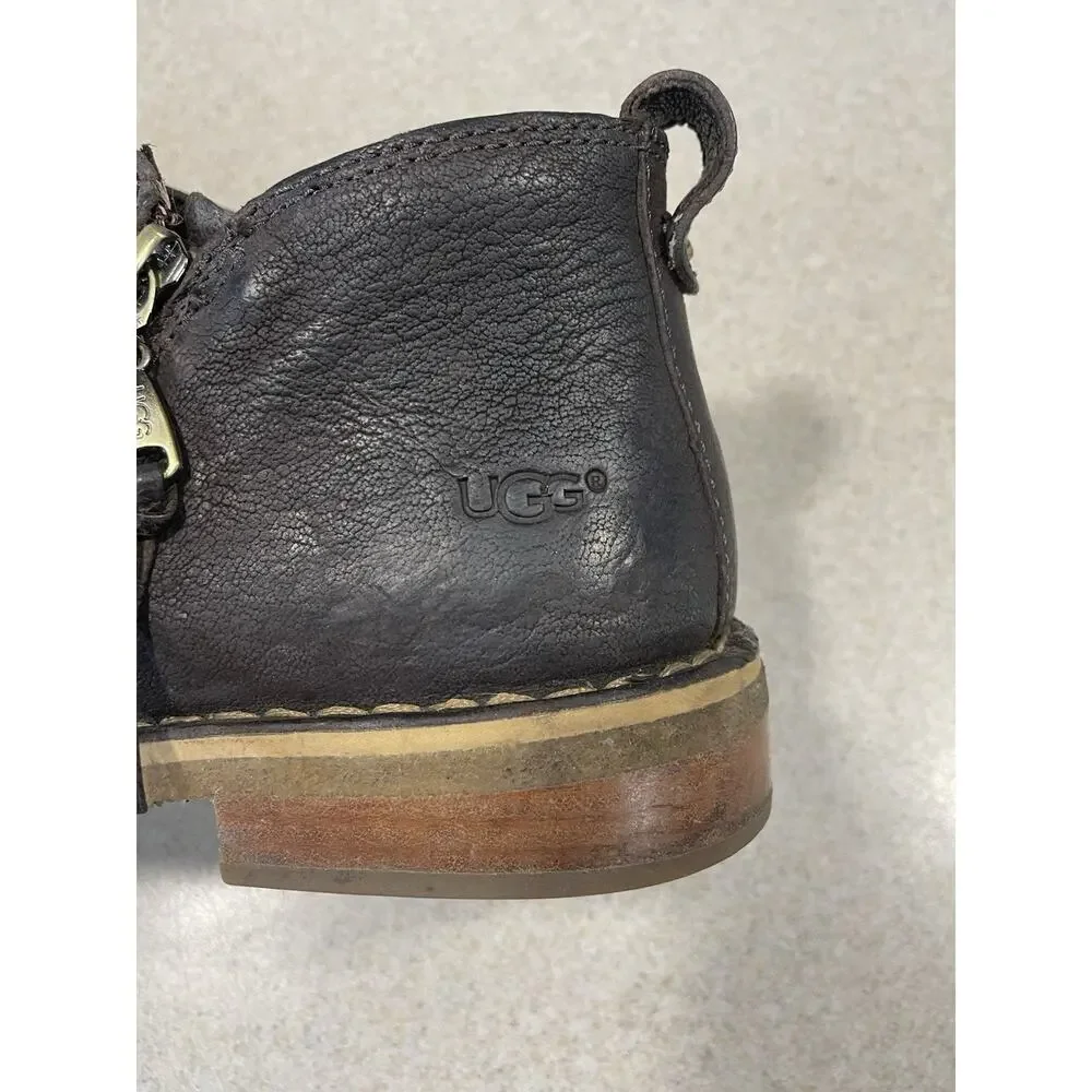UGG Clementine Side Zip Ankle Boots Size 8 Brown Leather Booties Sherpa Insole